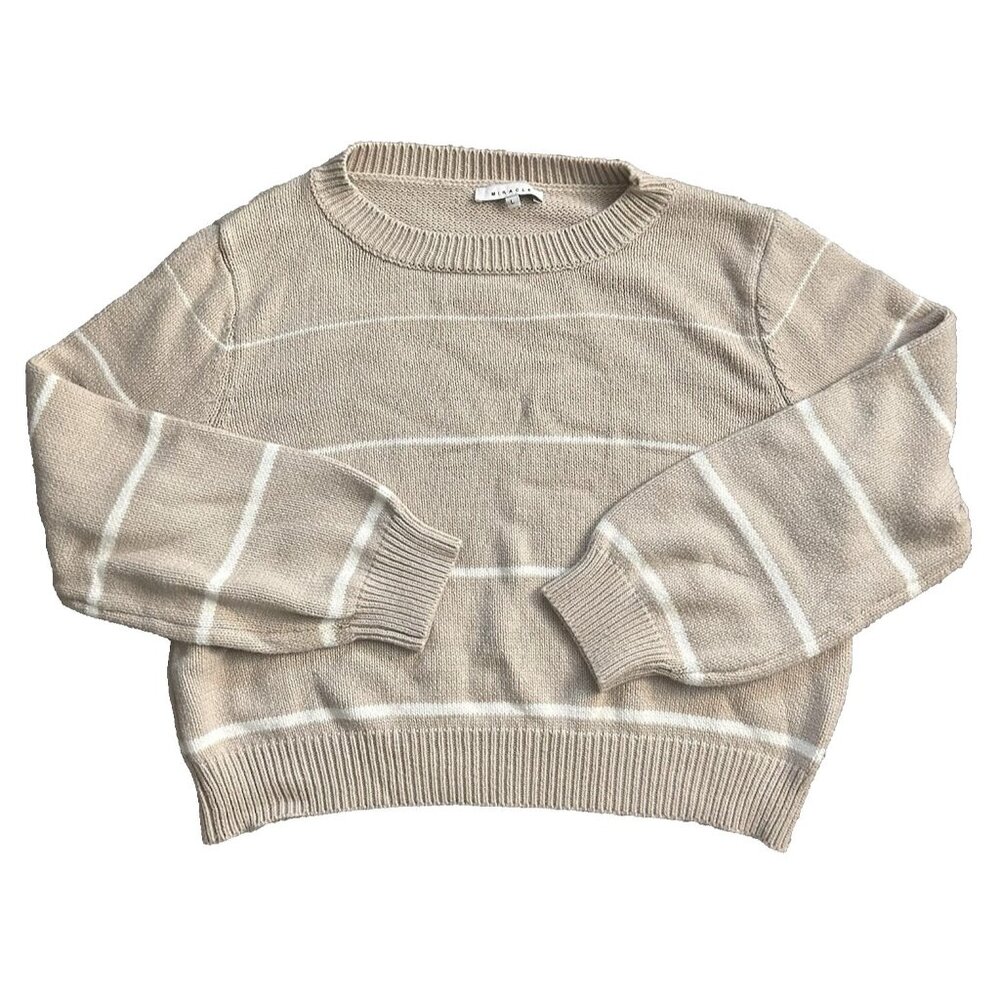 Miracle Beige Striped Sweater Women’s Large Crew Neck Long Sleeve Knit